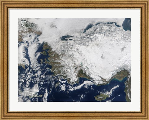 Framed Satellite view of the Republic of Turkey covered by Snow Print