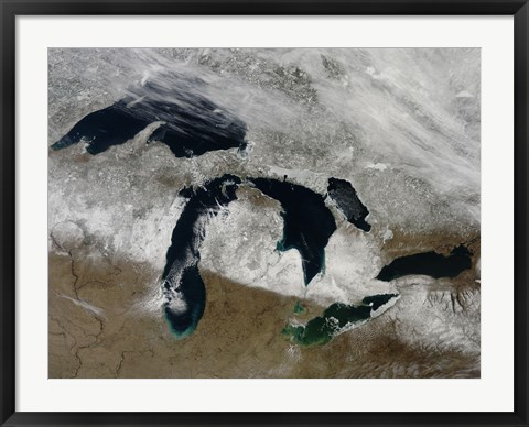 Framed Satellite View of Snow Across Wisonsin, Michigan and Canada Print