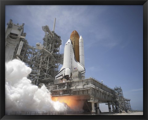 Framed Exhaust Plume forms under the Mobile Launcher Platform on Launch Pad 39A as Space Shuttle Atlantis lifts off into Orbit Print