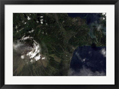 Framed Satellite view of Mayon Volcano Emitting a Thin Volcanic Plume Print