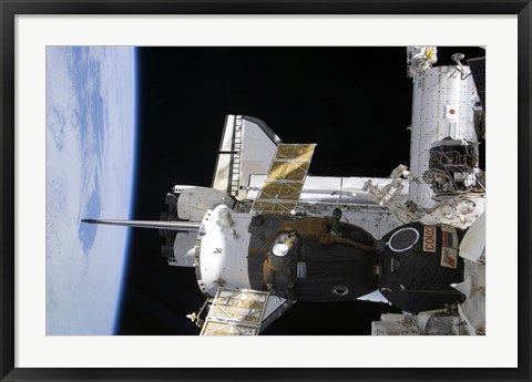 Framed Docked Soyuz Spacecraft over the Docked Space Shuttle Atlantis Print