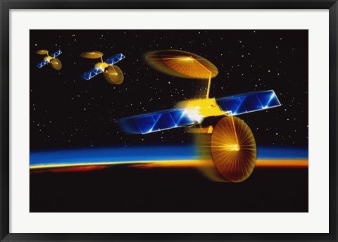 Framed Illustration of Satellites over Earth&#39;s Horizon Print