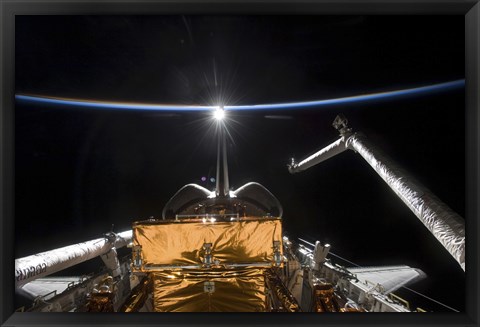 Framed Space Shuttle Atlantis&#39; Payload Bay Backdropped by a Blue and White Earth Print