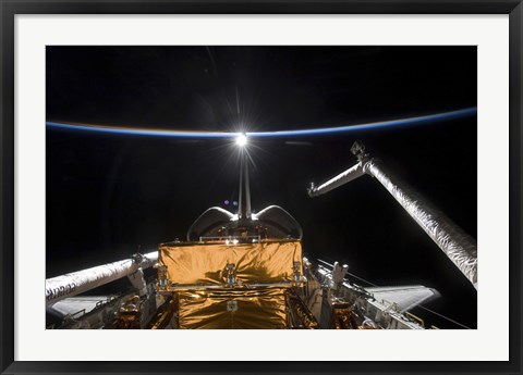 Framed Space Shuttle Atlantis&#39; Payload Bay Backdropped by a Blue and White Earth Print