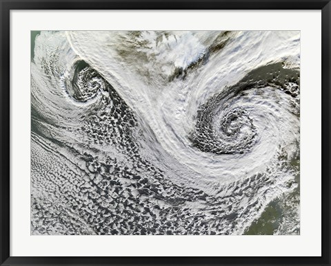 Framed Two Cyclones Formed in Tandem south of Iceland  Scotland Appears in the Lower right Print