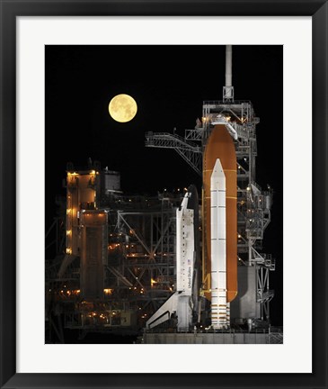 Framed Nearly full Moon Sets as Space Shuttle Discovery Sits Atop the Launch Pad Print