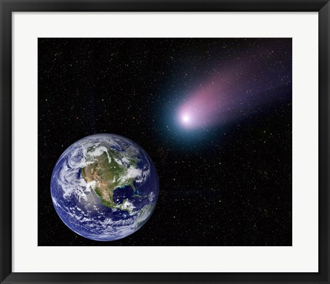 Framed Digital Composite of a Comet Heading Towards Earth Print