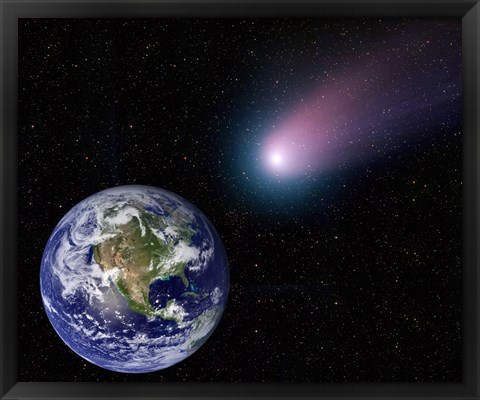 Framed Digital Composite of a Comet Heading Towards Earth Print