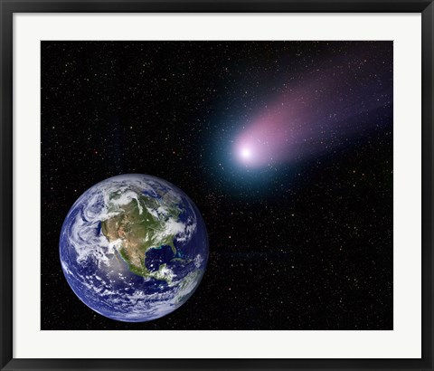 Framed Digital Composite of a Comet Heading Towards Earth Print