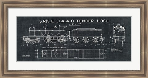 Framed Train Blueprint II Black Print