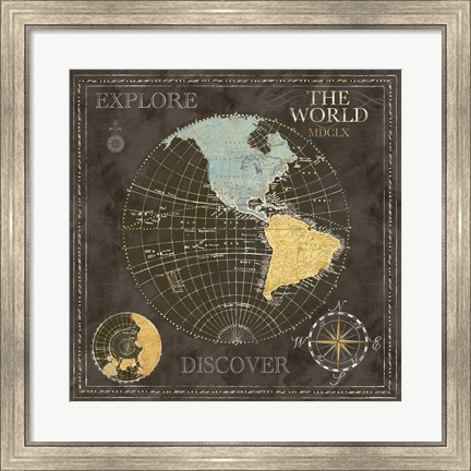 Framed Old World Journey Map Black I Print