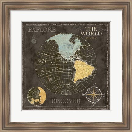 Framed Old World Journey Map Black I Print