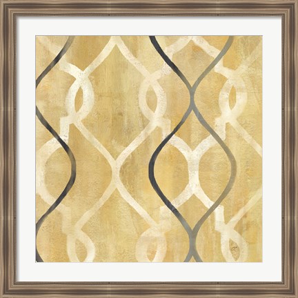 Framed Abstract Waves Black/Gold Tiles II Print