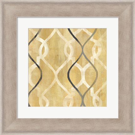 Framed Abstract Waves Black/Gold Tiles II Print