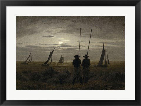 Framed Moonlit Night on the Beach, with Fishermen Print