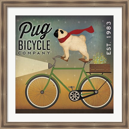 Framed Pug on a Bike Print