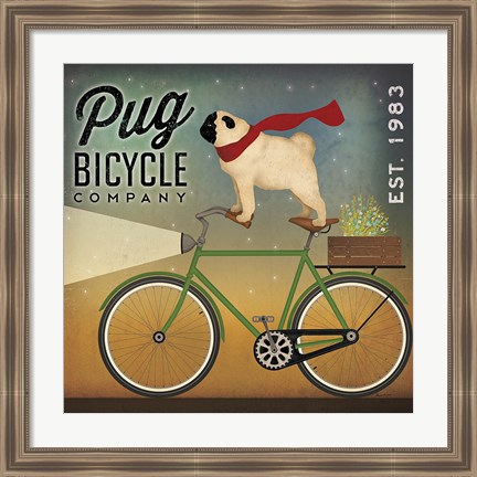 Framed Pug on a Bike Print