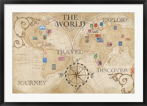 Framed Old World Journey Map Stamps Cream Print