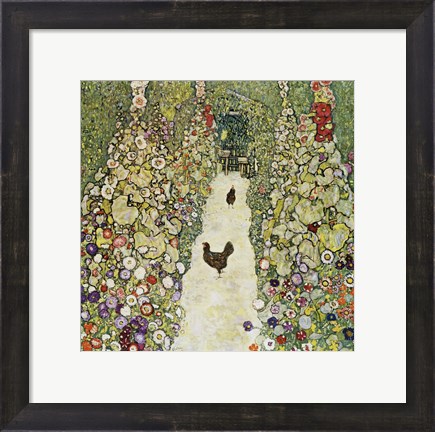 Framed Garden Path with Hens, 1916 Print