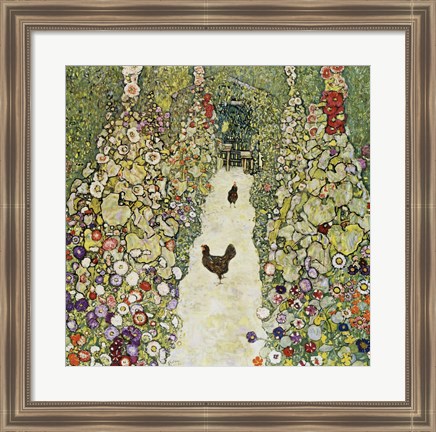 Framed Garden Path with Hens, 1916 Print