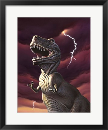 Framed Tyrannosaurus Rex in a Storm Print