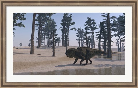 Framed Udanoceratops Walking Along Water Print