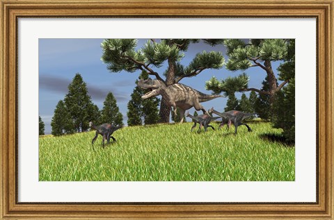 Framed Ceratosaurus Chasing Gigantoraptors Print