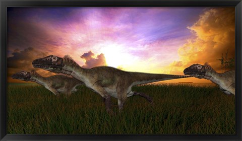 Framed Three Utahraptors Running at Sunset Print