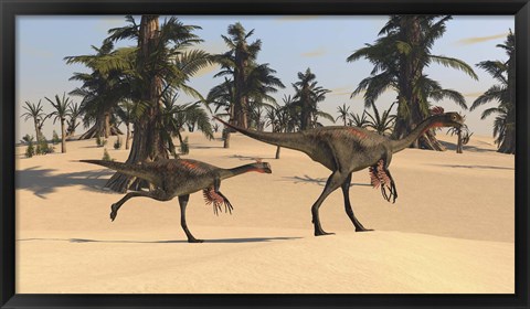 Framed Two Gigantoraptors in Desert Landscape Print