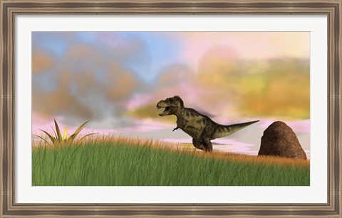 Framed Tyrannosaurus Rex in Grasslands Print