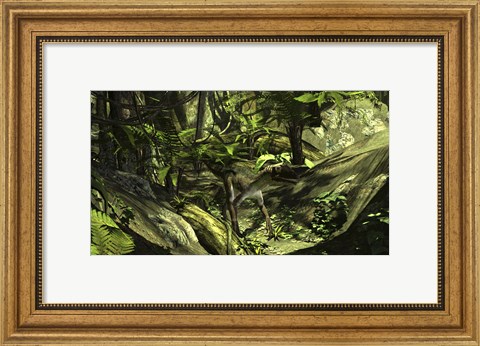 Framed Utahraptor in a Prehistoric Forest Print