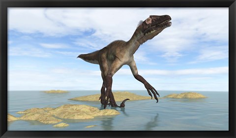 Framed Utahraptor in Prehistoric Waters Print