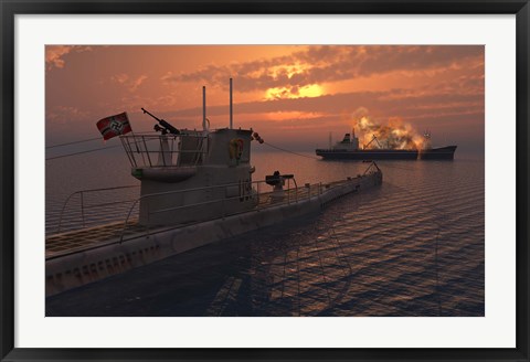 Framed German U-Boat and Allied Cargo Ship Print