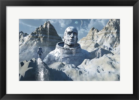 Framed Lone Astronaut looking at Statue Print