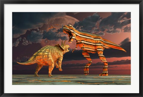 Framed Robotic T Rex &amp; Triceratops Battle Print