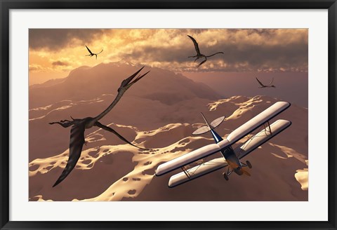 Framed Tiger Moth Biplane and Quetzalcoatlus pterosaurs Print