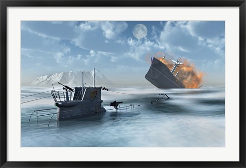 Framed German U-Boat Sinking a Ship Print