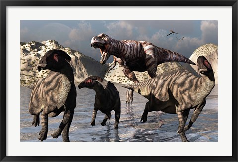 Framed Tyrannosaurus Rex and a Parasaurolophus Duckbill Print