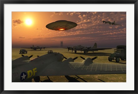 Framed Alien UFO Flying over an American Airbase Print