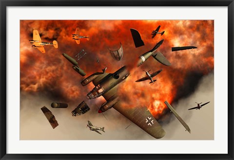 Framed German Heinkel Bomber Plane Exploding Print