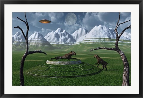 Framed Sabre-Tooth Tigers Encountering UFO&#39;s Print