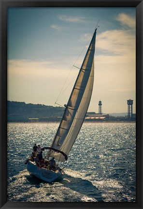 Framed Spain, Barcelona Sailboat on the Balearic Sea just off the Coast Print