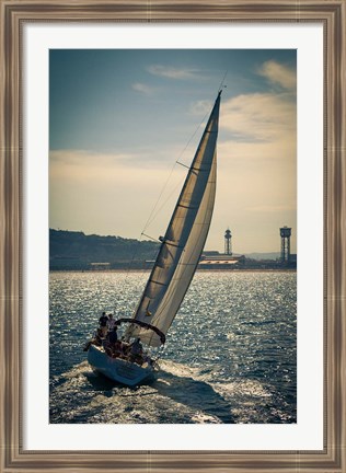 Framed Spain, Barcelona Sailboat on the Balearic Sea just off the Coast Print