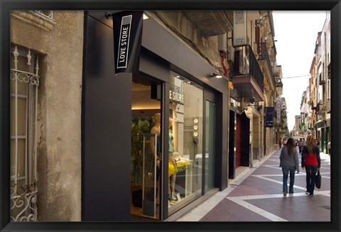 Framed Shopping street in Village of Vilanova i la Geltru, Catalonia, Spain Print