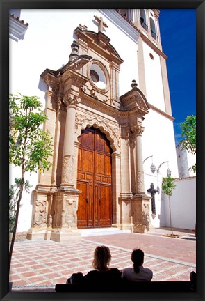 Framed Silhouette of Women Talking in Front of Cathedral, Marbella, Spain Print