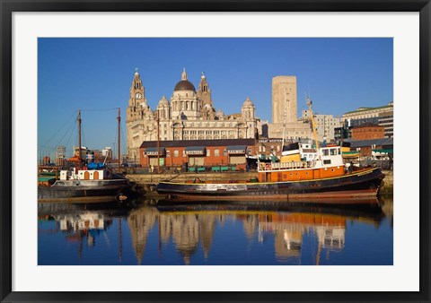 Framed Liver Building and Tug Boats from Albert Dock, Liverpool, Merseyside, England Print