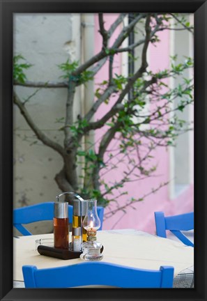 Framed Cafe Table, Yacht Harbor, Fiskardo, Kefalonia, Ionian Islands, Greece Print