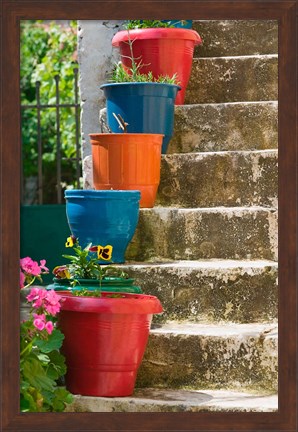 Framed Staircase with Flower Planters, Fiskardo, Kefalonia, Ionian Islands, Greece Print