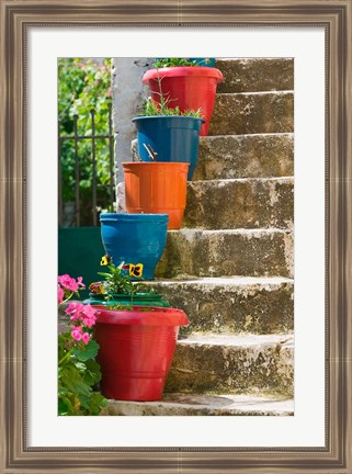 Framed Staircase with Flower Planters, Fiskardo, Kefalonia, Ionian Islands, Greece Print