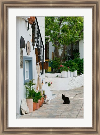 Framed Street View with Black Cat, Manolates, Samos, Aegean Islands, Greece Print